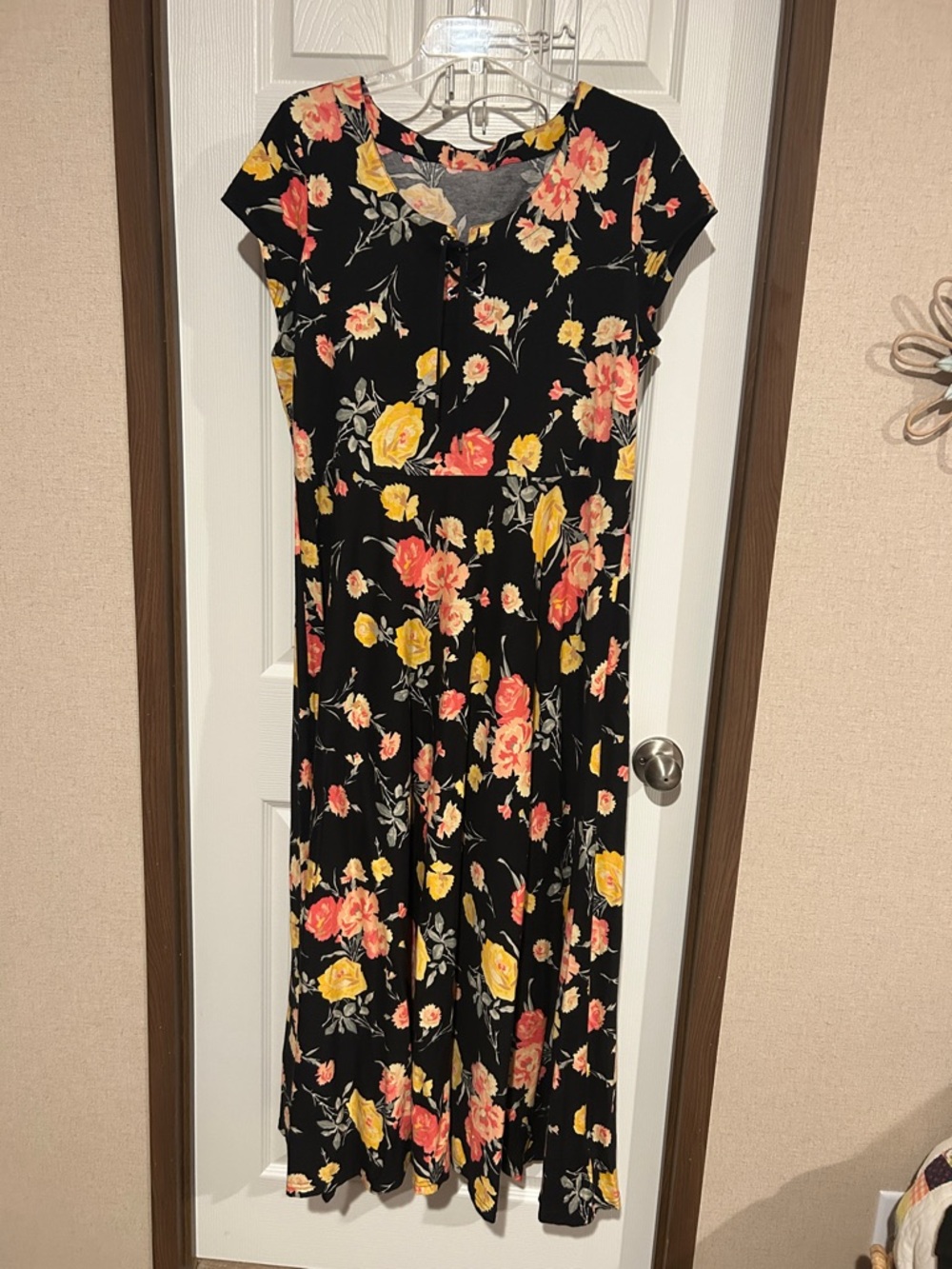 Black Floral Midi Dress with Yellow & Coral Blooms